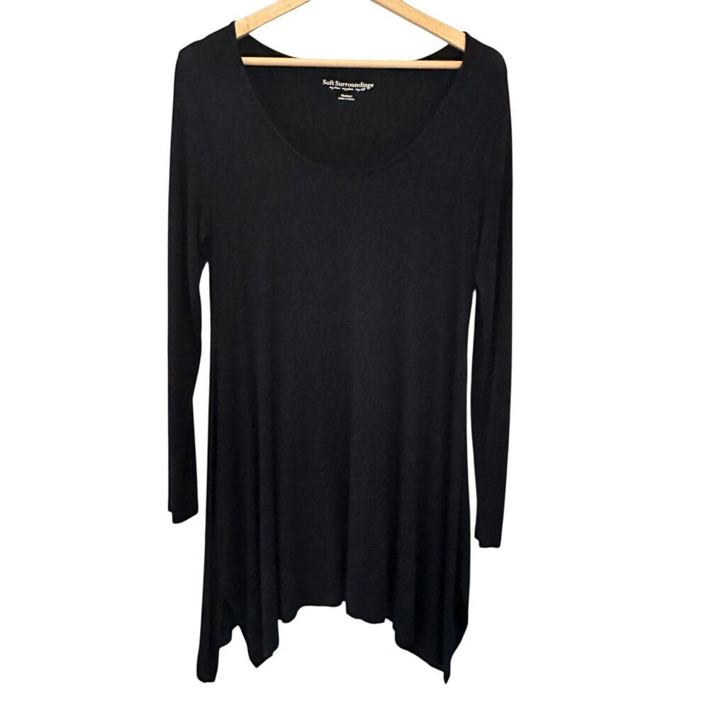 Soft Surroundings Black Scoop Neck Long Sleeve Asymmetrical Hem Viscose‎ Dress M